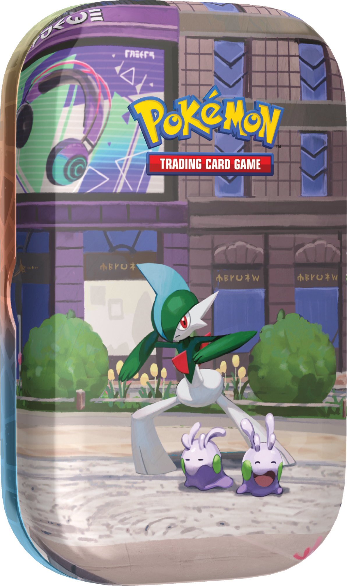 Vooraanzicht van de Pokémon Lumiose City Mini Tin met een illustratie van Gallade en Goomy.