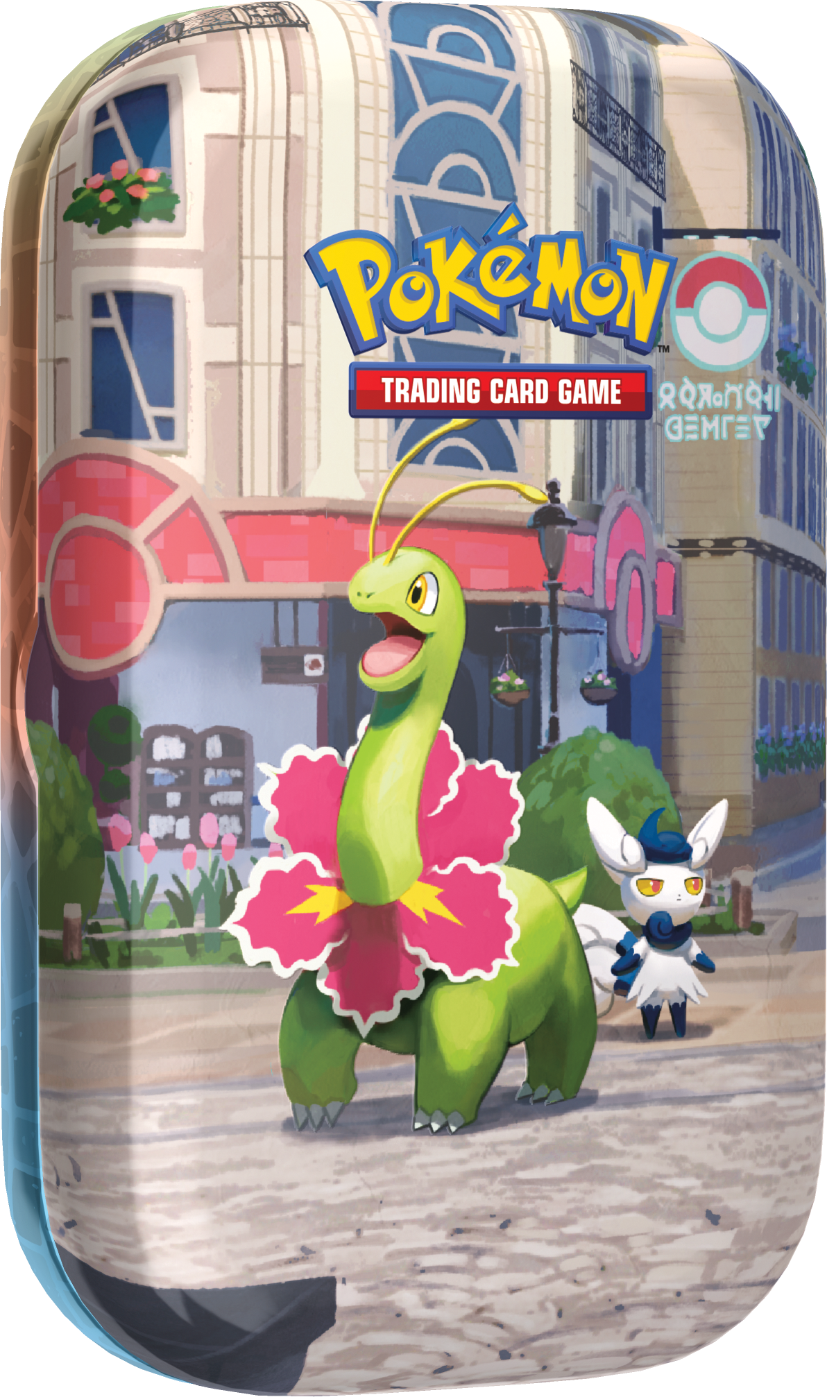 Vooraanzicht van de Pokémon Lumiose City Mini Tin met een illustratie van Meganium en Meowstic.