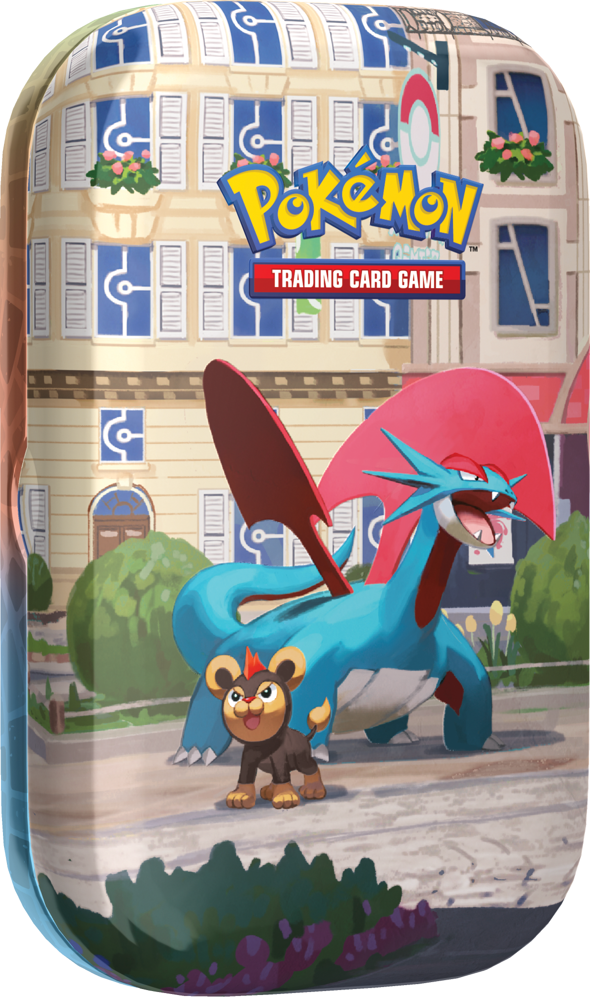 Vooraanzicht van de Pokémon Lumiose City Mini Tin met een illustratie van Salamence en Litleo.