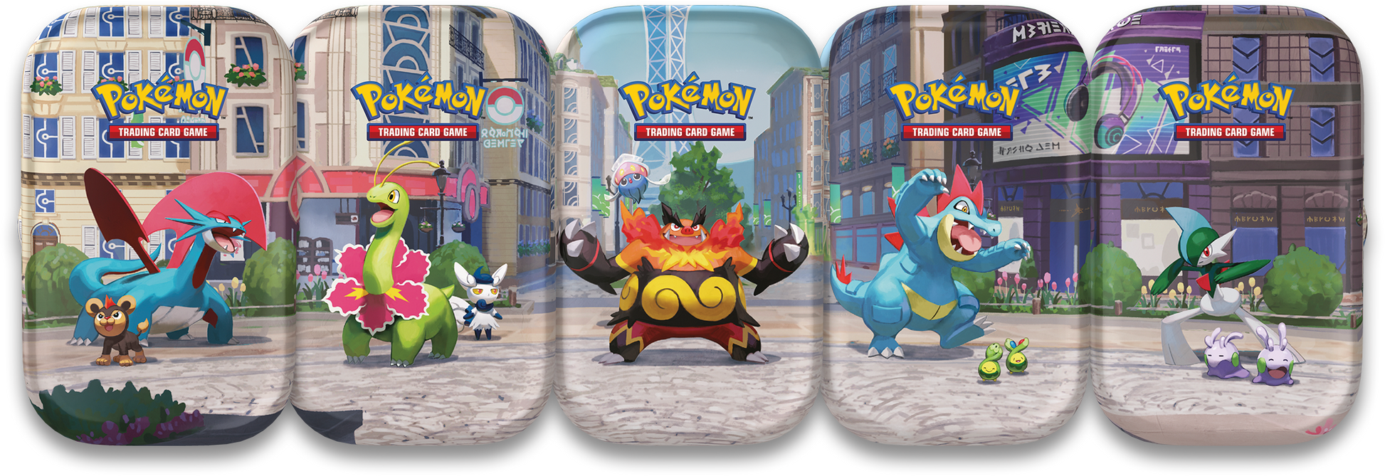 De vijf verschillende Pokémon Lumiose City Mini Tins naast elkaar gezet om het volledige, doorlopende panoramische kunstwerk te tonen.