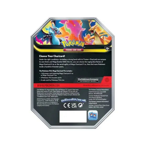Achterzijde van de Mega Charizard X-EX Tin met informatie over de inhoud en afbeeldingen van de booster packs.