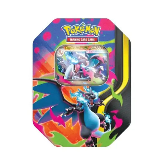 Vooraanzicht van de blauwe Pokémon Mega Charizard X-EX Tin met de promo kaart zichtbaar in het venster.