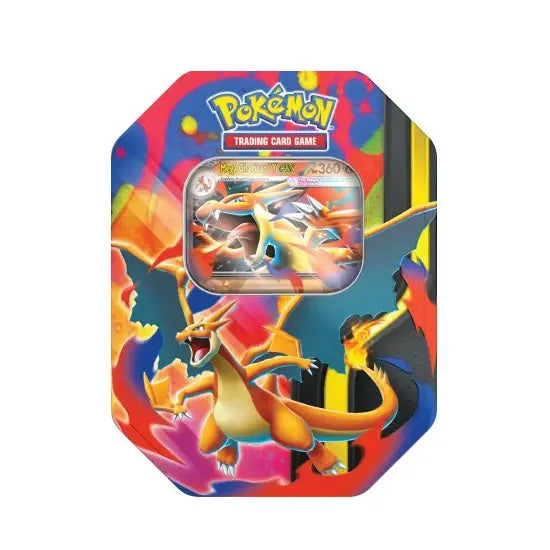 Vooraanzicht van de oranje-rode Pokémon Mega Charizard Y-EX Tin met de exclusieve promo kaart in het venster.