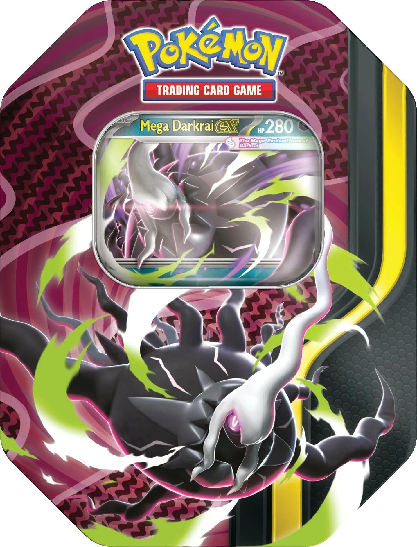 Vooraanzicht van de officiële metalen Pokémon TCG Mega Forces Mega Darkrai ex Tin met de foil promokaart zichtbaar in het venster.