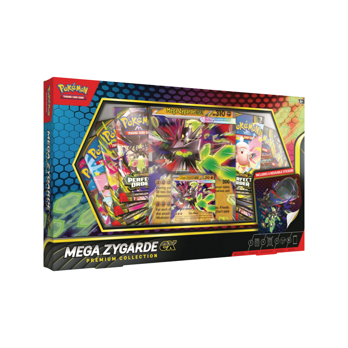 Voorkant van de Pokémon TCG Mega Zygarde-EX Premium Collection box met promokaarten en booster packs.