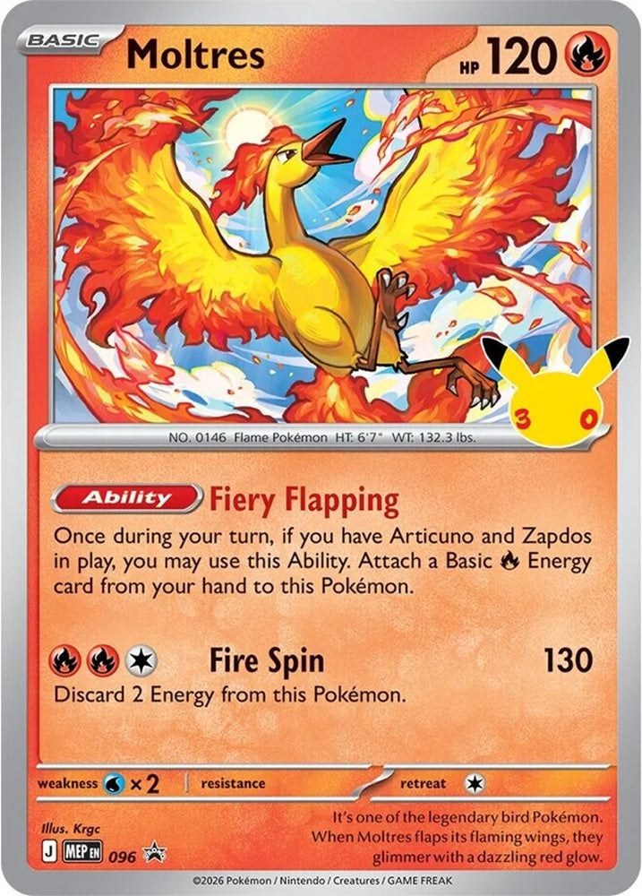 Close-up van de exclusieve Moltres foil promokaart met de officiële Pokémon 30th Celebration logo-stempel.