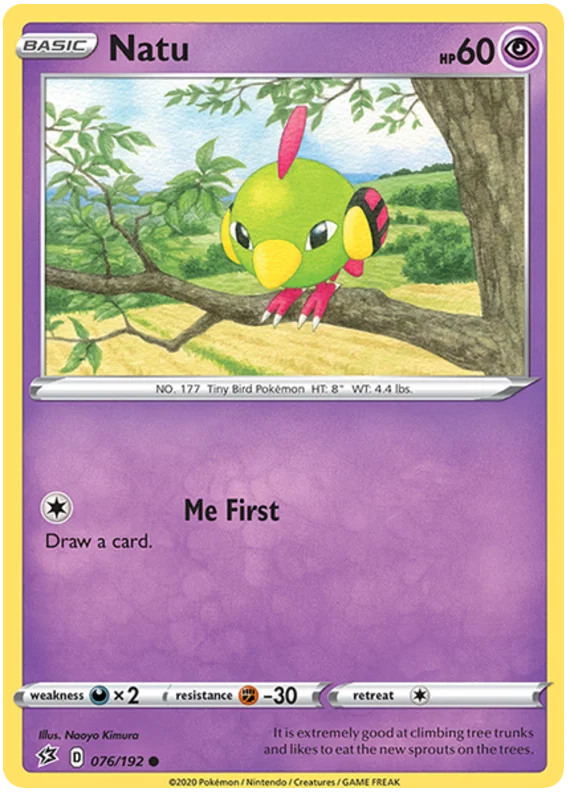 Pokémon Natu common kaart nummer 076 uit de Rebel Clash set met aanval Me First