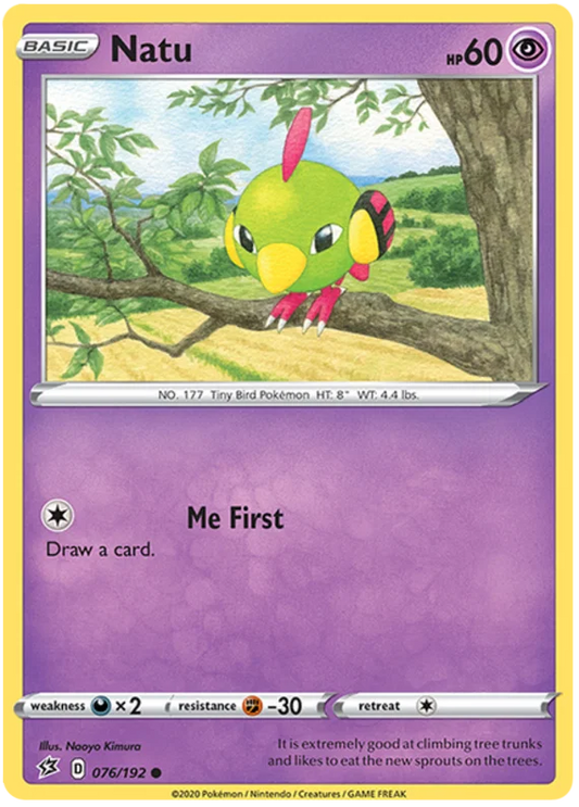 Pokémon Natu common kaart nummer 076 uit de Rebel Clash set met aanval Me First