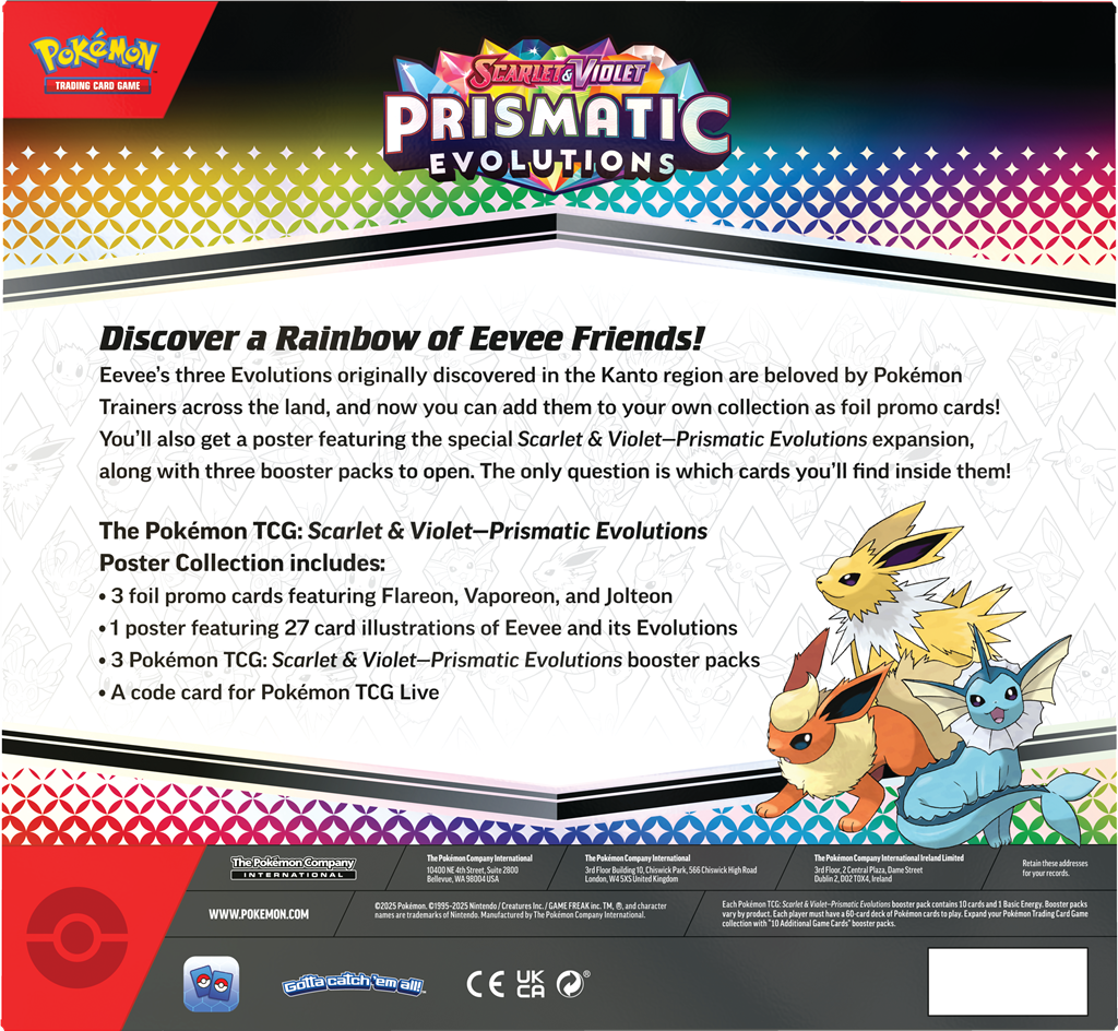 Achterkant van de Prismatic Evolutions Poster Collection box met de productinformatie en inhoud.