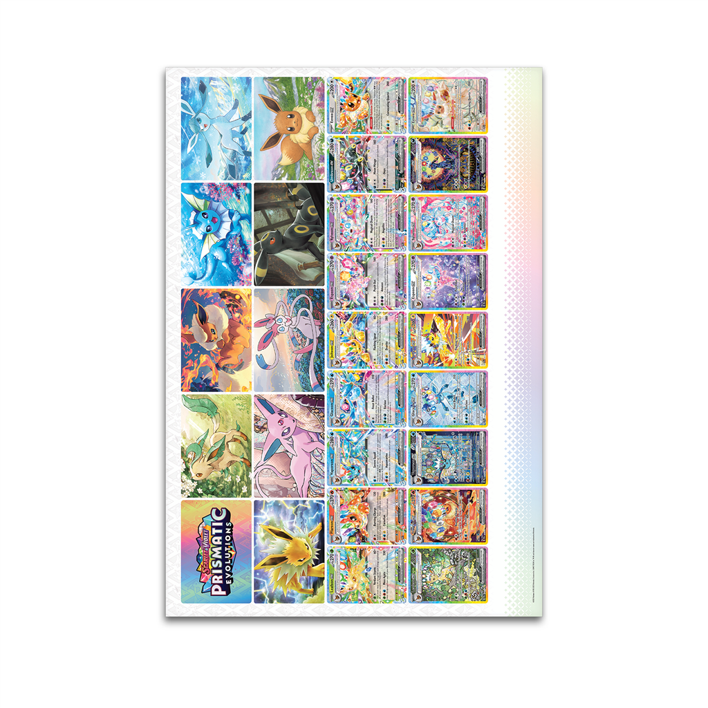De andere zijde van de poster met het complete overzicht van alle kaarten uit de Prismatic Evolutions set.