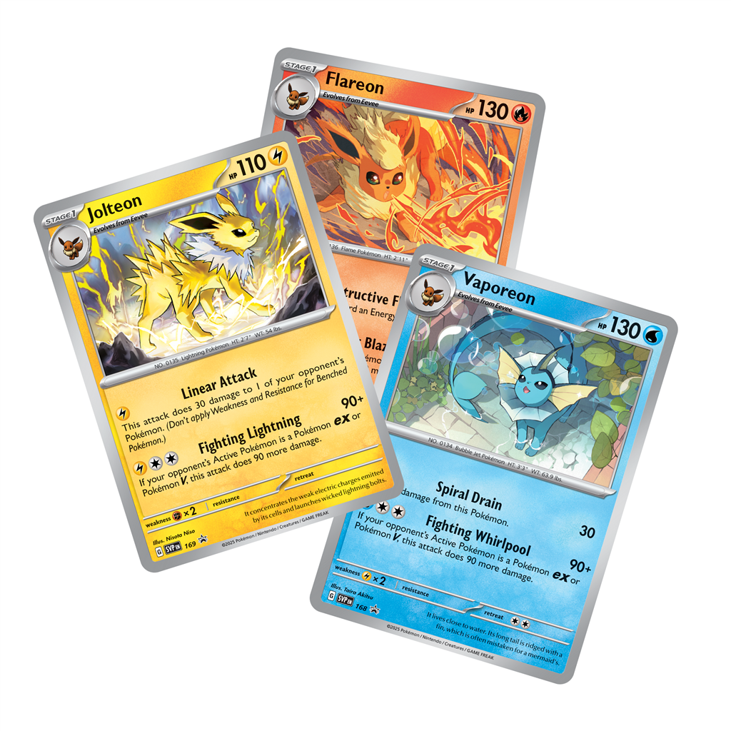 Overzicht van de drie foil promokaarten van Jolteon, Flareon en Vaporeon uit de Poster Collection.