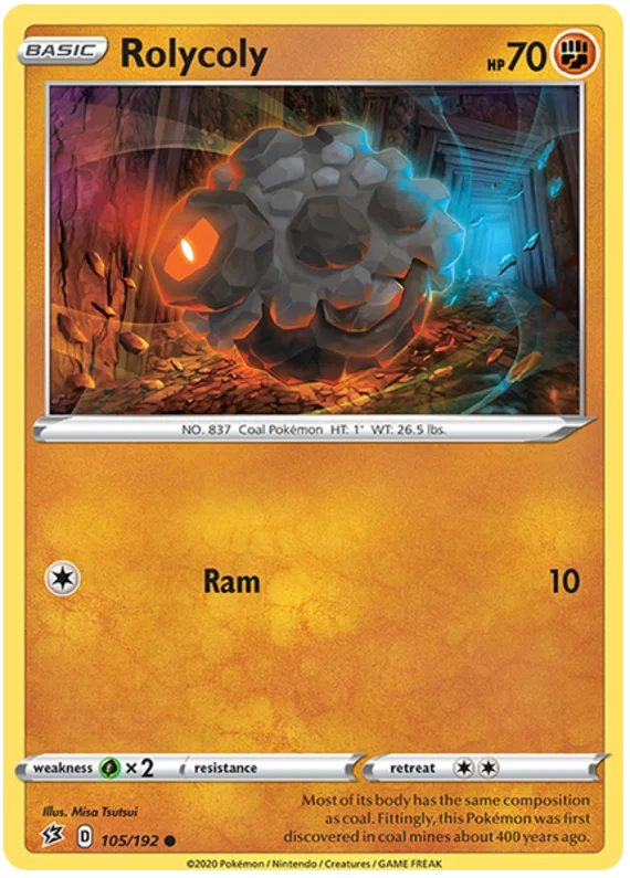 Voorkant van de originele Rolycoly #105 Common Pokémon kaart uit de Rebel Clash set.