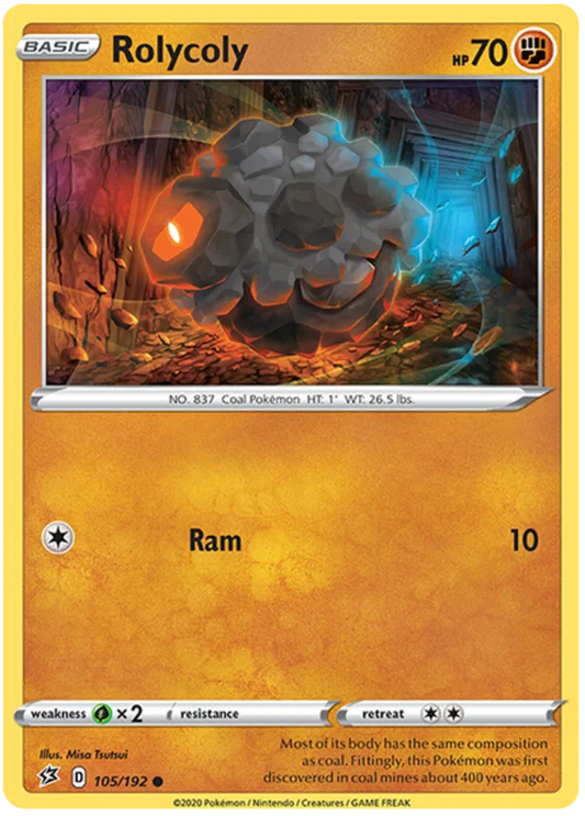 Voorkant van de originele Rolycoly #105 Common Pokémon kaart uit de Rebel Clash set.