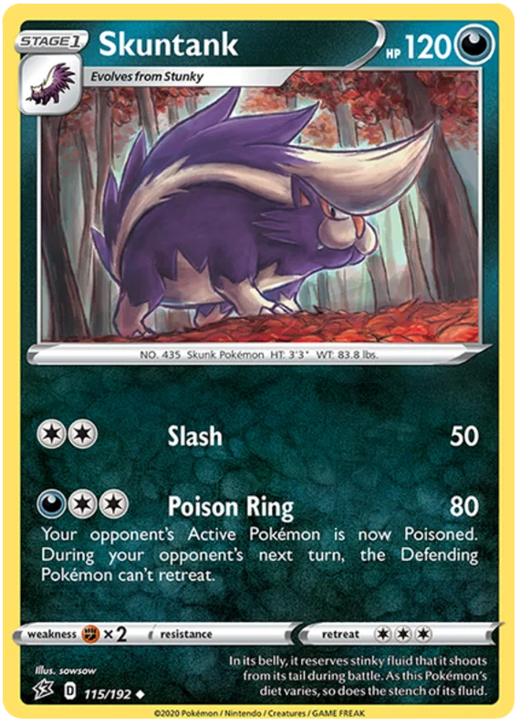 Voorkant van de originele Skuntank #115 Rare Pokémon kaart uit de Rebel Clash set.