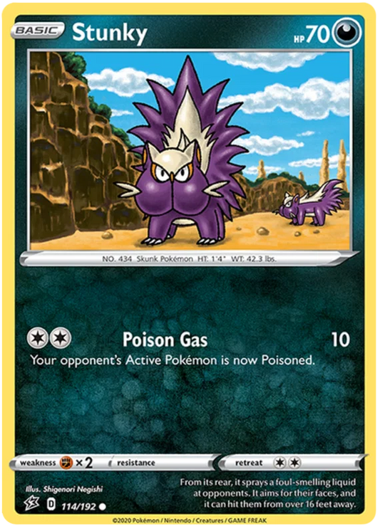 Voorkant van de originele Stunky #114 Common Pokémon kaart uit de Rebel Clash set.
