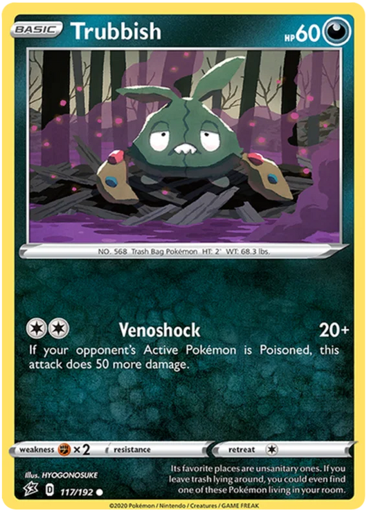 Voorkant van de originele Trubbish #117 Common Pokémon kaart uit de Rebel Clash set.