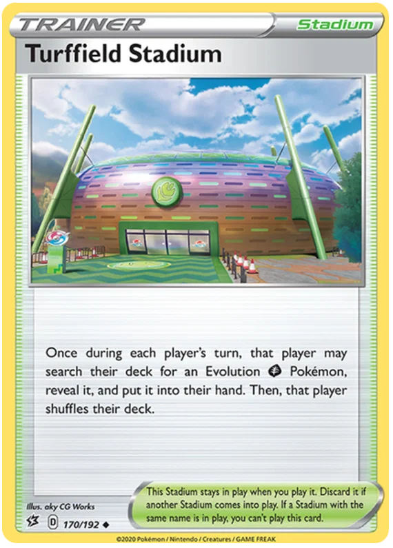 Turffield Stadium kaart uit Pokémon TCG Rebel Clash, Trainer stadium met stadionillustratie