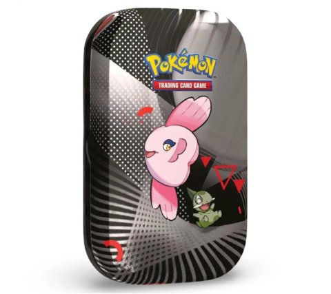 Vooraanzicht van de officiële metalen Pokémon TCG Unova Mini Tin met Alomomola artwork.