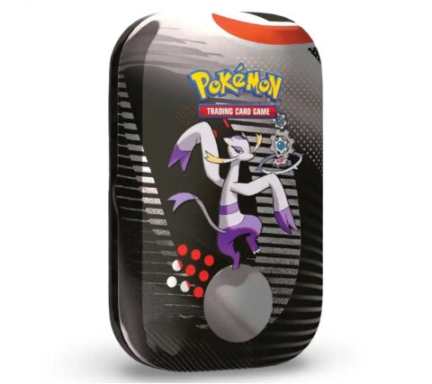 Voorkant van de metalen Pokémon TCG Unova Mini Tin met Mienshao-artwork.
