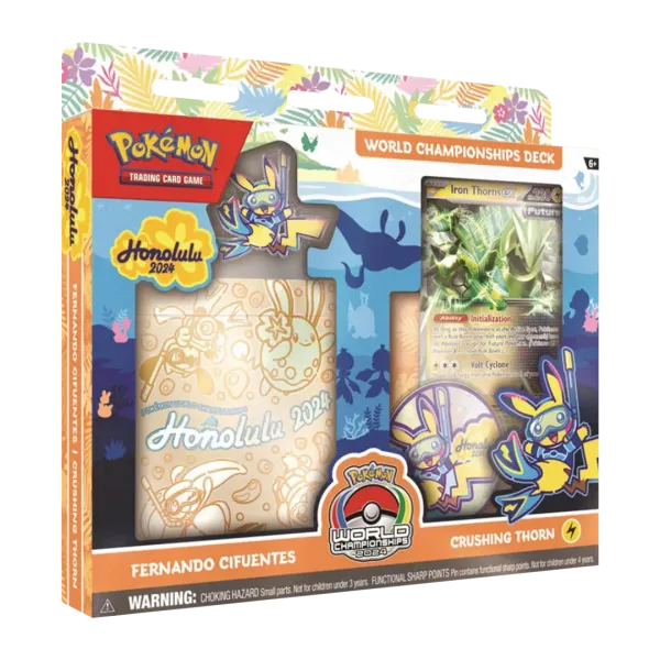 Vooraanzicht van de officiële verpakking van het Pokémon TCG World Championship Deck 2024 van Masters World Champion Fernando Cifuentes (Crushing Thorn).