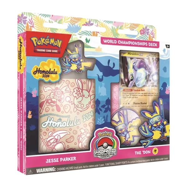 Vooraanzicht van de officiële verpakking van het Pokémon TCG World Championship Deck 2024 van Jesse Parker (The 'DON Miraidon EX).