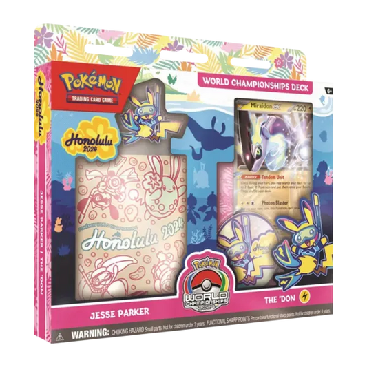 Vooraanzicht van de officiële verpakking van het Pokémon TCG World Championship Deck 2024 van Jesse Parker (The 'DON Miraidon EX).