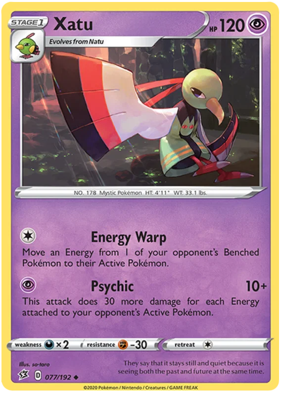 Pokémon TCG Xatu #077/192 Uncommon kaart uit de Rebel Clash set met Energy Warp en Psychic aanval