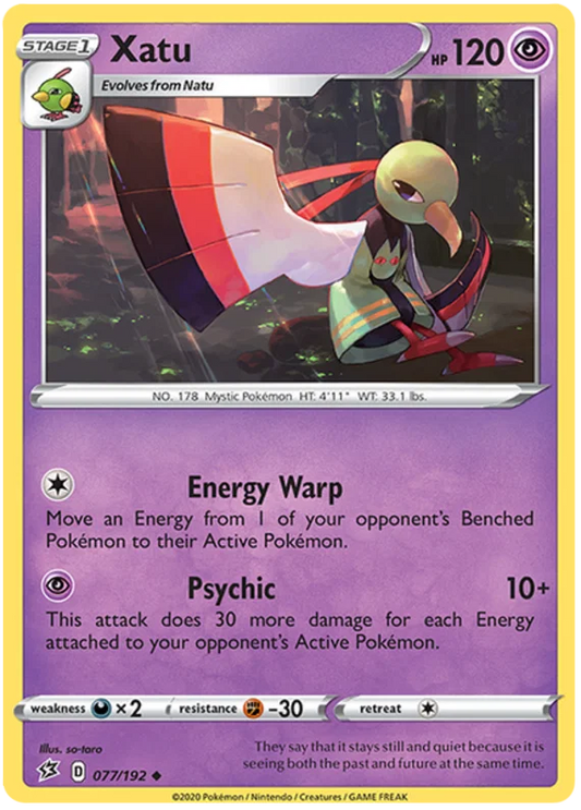 Pokémon TCG Xatu #077/192 Uncommon kaart uit de Rebel Clash set met Energy Warp en Psychic aanval
