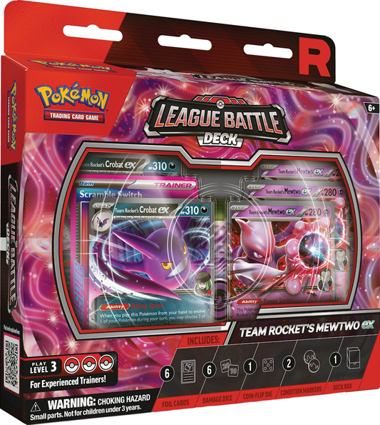Vooraanzicht van het Pokémon Team Rocket’s Mewtwo ex League Battle Deck inclusief de promo-kaart.