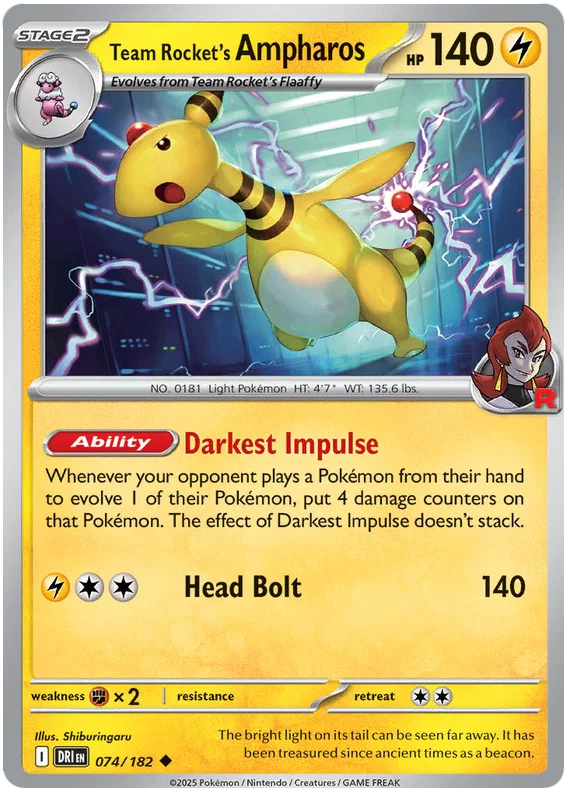 Pokémon Team Rocket's Ampharos common kaart #074 uit Destined Rivals