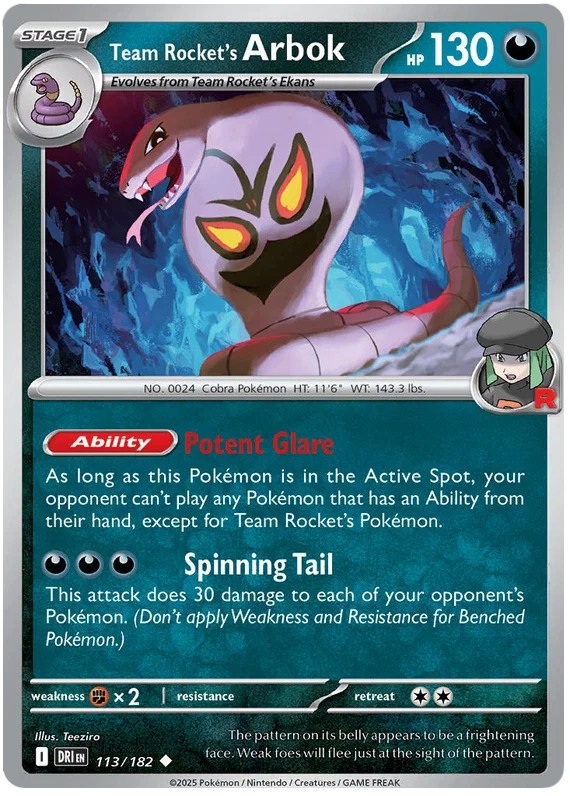 Team Rocket's Arbok common kaart #113 uit de Pokémon Destined Rivals set