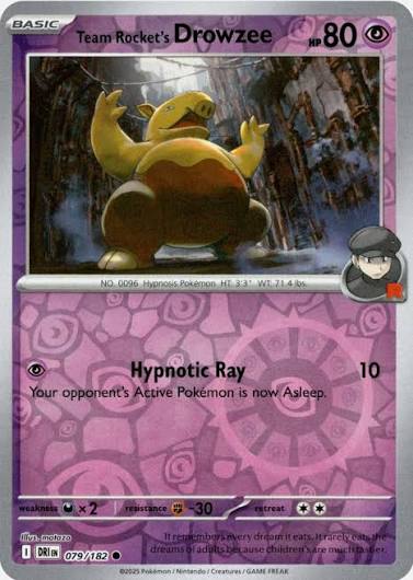 Team Rocket's Drowzee reverse holo Pokemon kaart uit de Destined Rivals set, kaartnummer 079/182