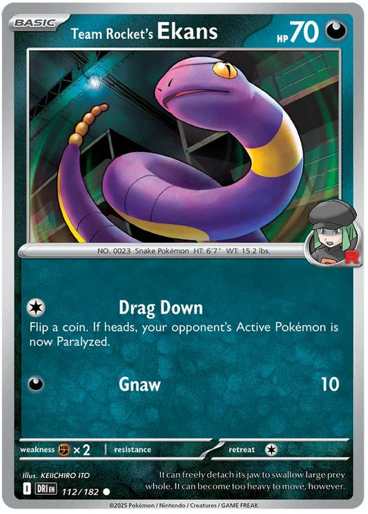 Team Rocket's Ekans #112 common kaart uit de Pokémon Destined Rivals set