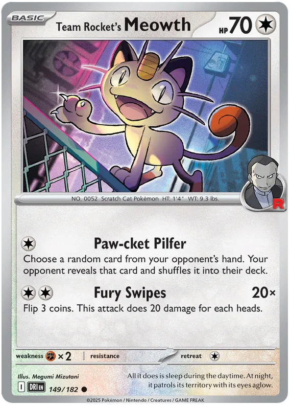 Team Rocket's Meowth common kaart #149 uit de Pokémon Destined Rivals set