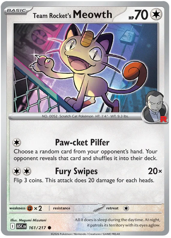 Team Rocket's Meowth common kaart nummer 161 uit de Pokémon Ascended Heroes set