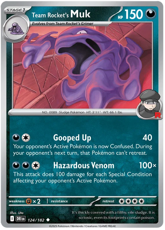 Team Rocket's Muk #124 common kaart uit de Pokémon Destined Rivals set