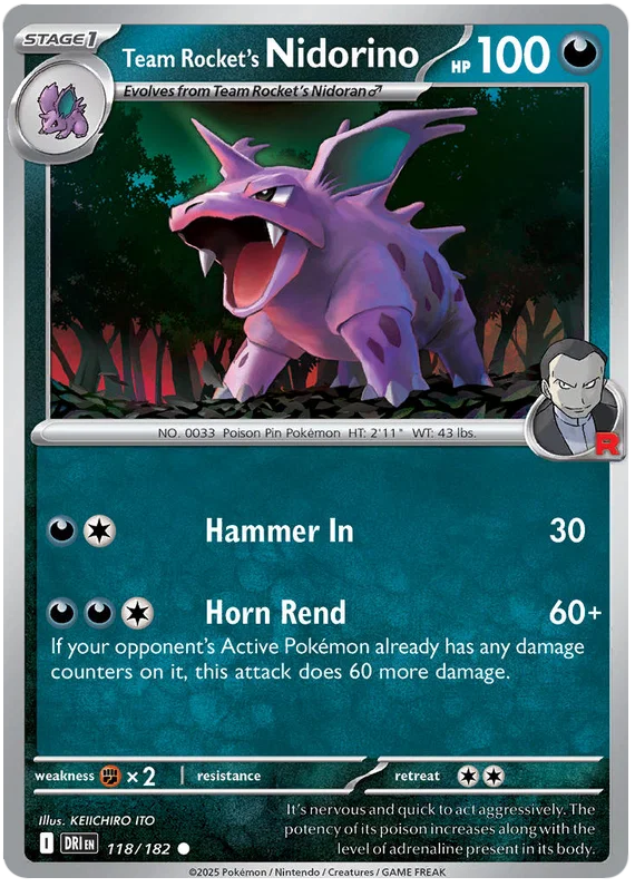 Team Rocket's Nidorino common pokémonkaart #118 uit de Destined Rivals set