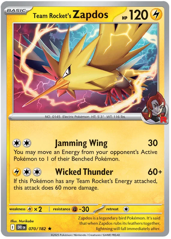 Team Rocket's Zapdos Holo kaart nummer 070 uit Pokemon Destined Rivals