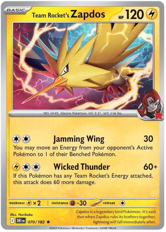 Team Rocket's Zapdos Holo kaart nummer 070 uit Pokemon Destined Rivals