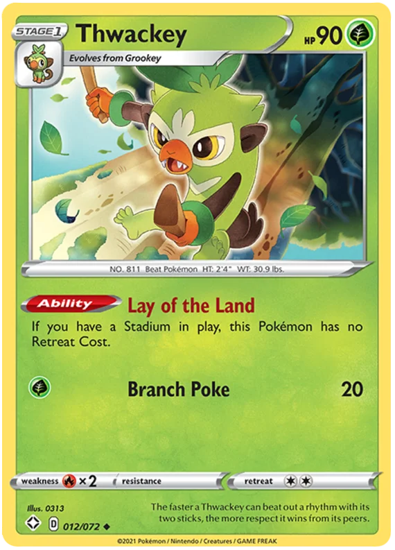 Thwackey common kaart nummer 012/072 uit de Pokémon Shining Fates set