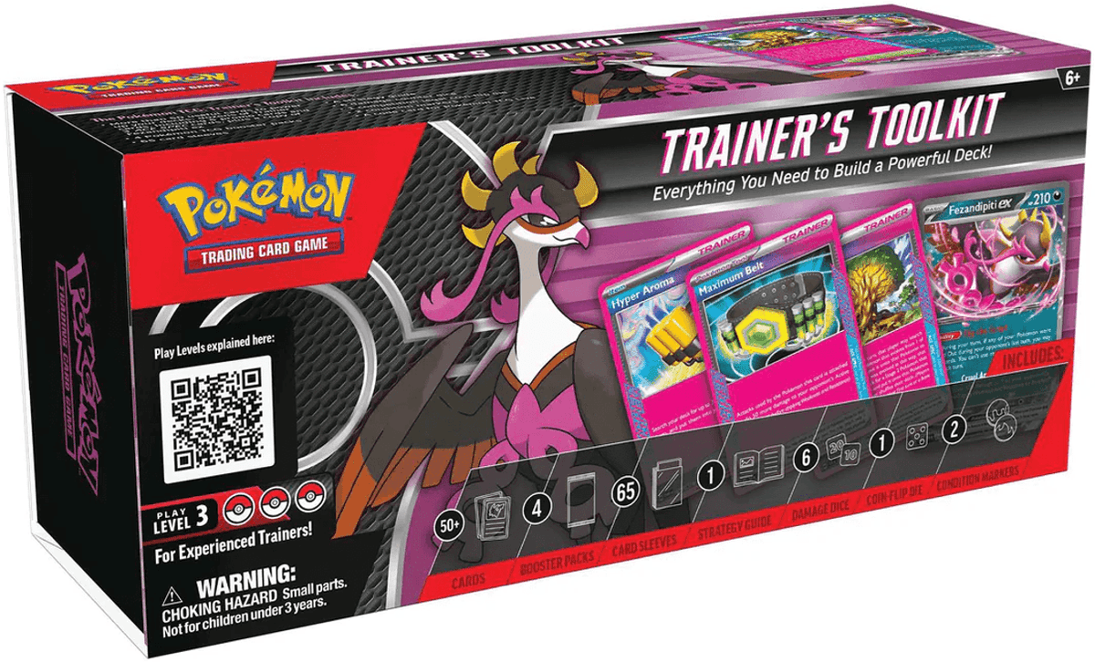 Pokémon Trainer's Toolkit 2025 box met Fezandipiti ex en accessoires voor het Pokémon TCG kaarten spel
