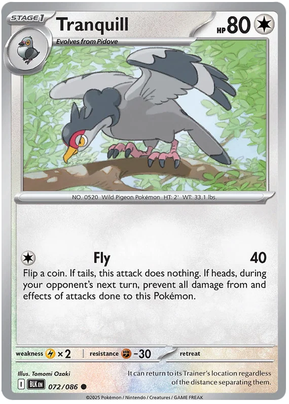 Pokémon Tranquill common kaart nummer 072 uit de Black Bolt set