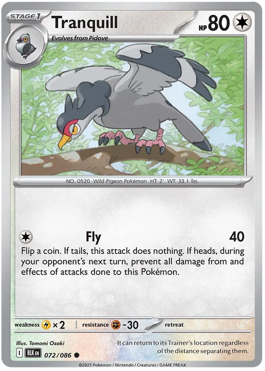Pokémon Tranquill common kaart nummer 072 uit de Black Bolt set