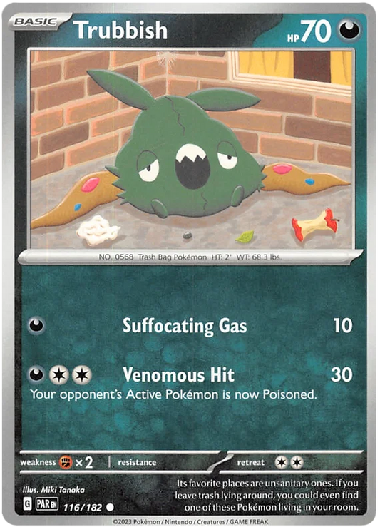 Pokémon Trubbish common kaart nummer 116 uit de Paradox Rift set