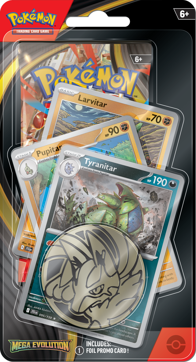 Mega Evolution 1 Pack Premium Checklane met Tyranitar promokaart, Lucario munt en Mega Evolution boosterpack.