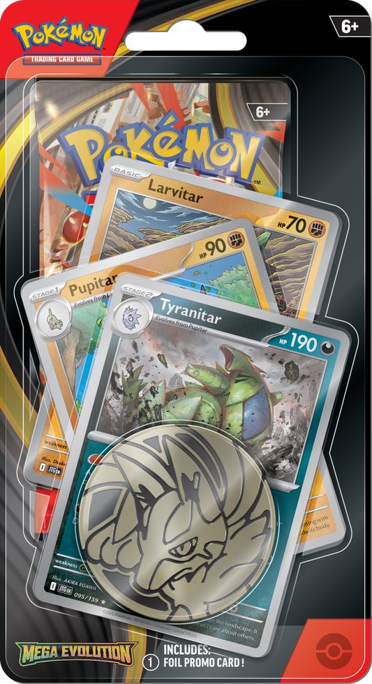 Mega Evolution 1 Pack Premium Checklane met Tyranitar promokaart, Lucario munt en Mega Evolution boosterpack.