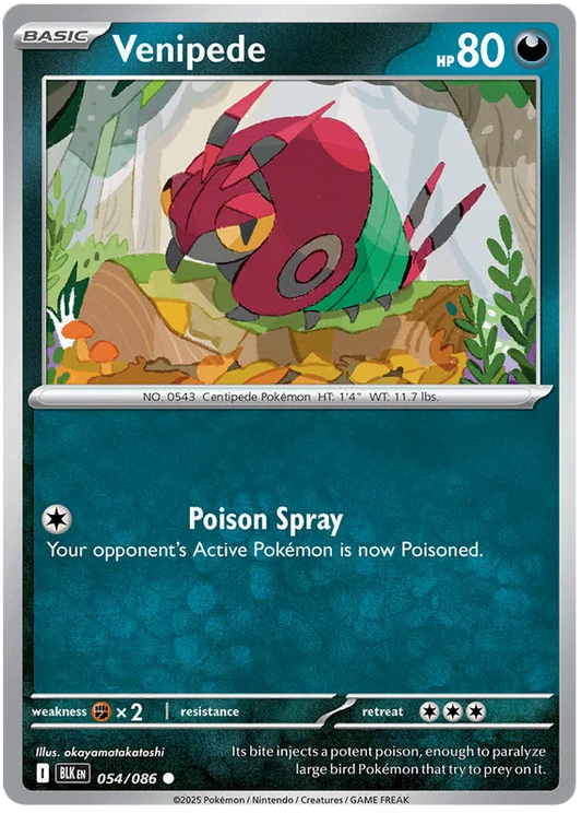 Pokemon Venipede #054 common kaart uit de Black Bolt set