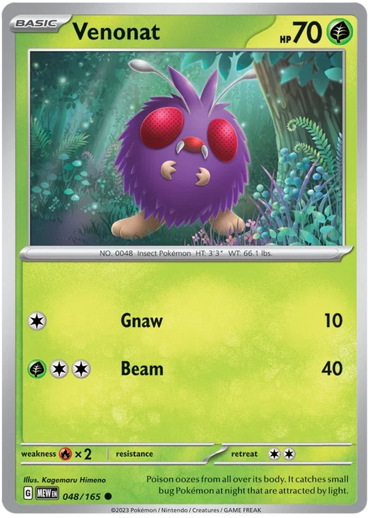Pokémon Venonat #048 common kaart uit de 151 set met paarse achtergrond