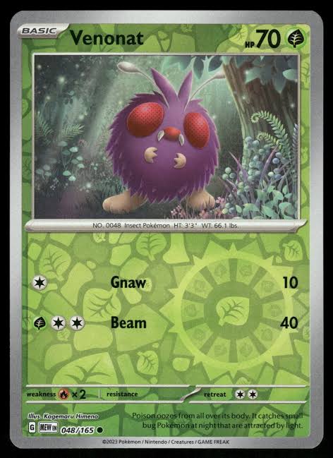 Pokémon Venonat Reverse Holo kaart nummer 048 uit de 151 set