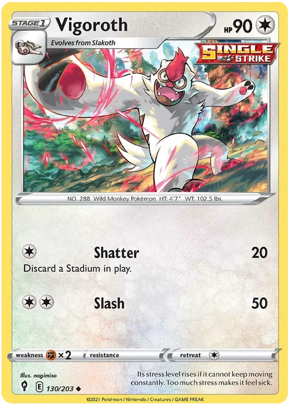 Pokémon Vigoroth 130/203 common kaart uit Evolving Skies met Single Strike Shatter en Slash aanval